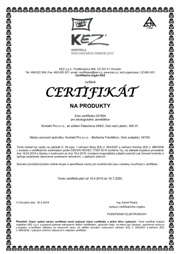 Certifikace ekologického hospodaření a BIO produktů 2019